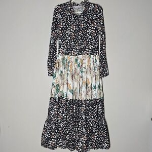 Connor Blake Mixed Print Tiered Maxi Dress Beaded Boho Long Sleeve Floral‎ Tiger